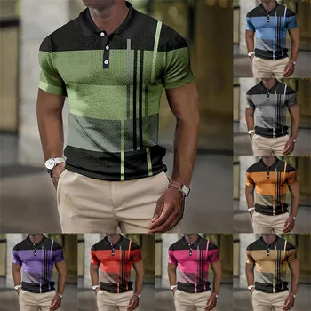 Летние футболки, мужские рубашки Поло, топы с короткими рукавами, клетчатые футболки с отворотом и полосатым принтом, Топы, Пуловеры, Эластичные мужские