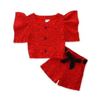 Летний комплект для девочек, блузка с принтом сердца + шорты, Костюмы для детей, Модный детский комплект одежды
