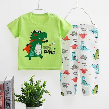 Летняя ночная рубашка для малышей, комплекты унисекс, футболка + штаны, тонкие хлопковые мягкие брюки для малышей, детская пижама с принтом динозавра, Новая комплектация из двух предметов