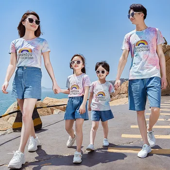 Летняя пляжная одежда для семьи, мамы, дочки, папы, сына, Хлопковая белая футболка и шорты, Одежда для влюбленных, отдых на море