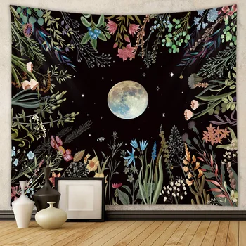 Лунный садовый гобелен Небесный Цветочный гобелен, висящий на стене Фаза Луны солнце Звездный черный Ботанический декор в стиле хиппи