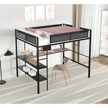 Металлическая Полноразмерная кровать-чердак со столом и полками / Прочный металлический каркас кровати / Бесшумные деревянные рейки / Встроенный письменный стол для мебели спальни
