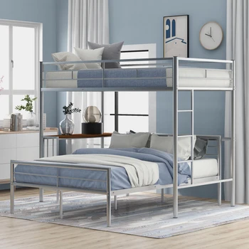 Металлическая серебристая Двухъярусная кровать Twin Поверх цельнометаллической, простая в сборке, со столом, стремянкой и качественными рейками, для внутренней мебели спальни