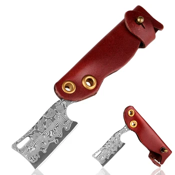 Мини Дамасский карманный нож, японский складной нож из Дамасской стали, кожаная ручка, ножны из воловьей кожи, нож для ключей, Портативные Фруктовые ножи