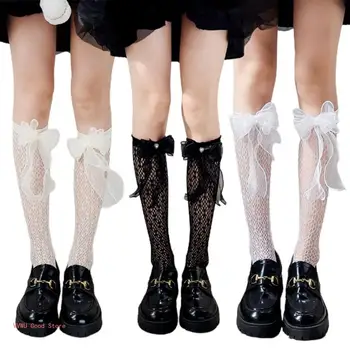 Модные женские носки до середины икры для девочек с милым бантом, прозрачные чулки для юбки