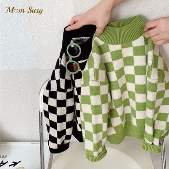 Модный свитер в шахматную клетку для маленьких девочек и мальчиков, весна-осень-зима, детский вязаный пуловер в клетку, высококачественная одежда для малышей от 1 до 7 лет