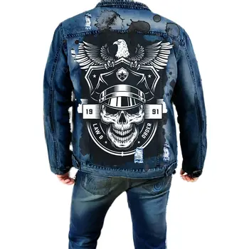 Мужская джинсовая куртка в стиле хип-хоп с принтом Орлиного Черепа, пальто с лацканами и дырками, Новинка 2023 года, осенне-зимний Ковбойский модный тренд уличной одежды