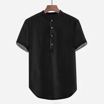 Мужская летняя повседневная рубашка, мешковатые однотонные хлопчатобумажные льняные топы с короткими рукавами, футболка большого размера на пуговицах, блузка Harajuku