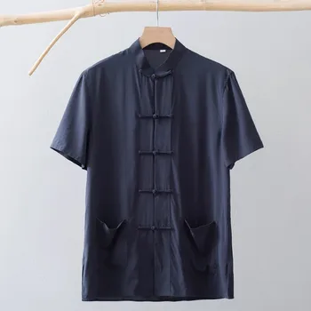Мужская Тонкая рубашка с короткими рукавами из шелковистого хлопка и льна В китайском стиле Летнее Ретро