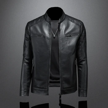 Мужские байкерские куртки Minglu из искусственной кожи, весна-осень, Повседневные черные мужские пальто из искусственной кожи на молнии 4XL