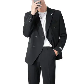 Мужские костюмы и блейзеры 2023 (куртка + брюки) Черный Приталенный двубортный повседневный свободный костюм в корейском стиле, однотонный цвет