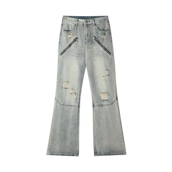 Мужские модные джинсовые брюки-клеш с дырочками, мужские брюки на молнии в стиле хай-стрит в стиле хип-хоп, мешковатые джинсовые брюки