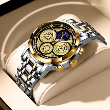 Мужские часы 2023 Золото Черные мужские часы лучший бренд класса люкс хронограф Спортивные часы светящиеся водонепроницаемые
