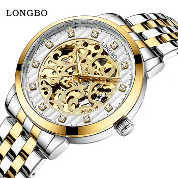 Мужские часы LONGBO, роскошные мужские автоматические механические часы с золотым скелетоном, водонепроницаемые полые мужские наручные часы из нержавеющей стали