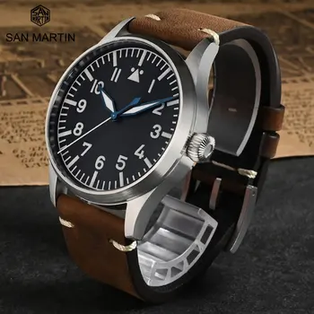 Мужские часы San Martin в стиле Ретро Pilot, водонепроницаемые 100-метровые сапфировые Модные Автоматические Механические часы, механизм NH35, BGW-9, светящиеся
