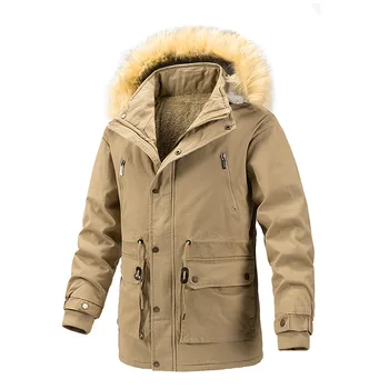 Мужское зимнее пальто цвета хаки, толстые теплые парки с флисовой подкладкой, меховой воротник с капюшоном, однотонное повседневное ветрозащитное пальто для улицы, мужская куртка