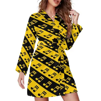 Музыкальные ноты, Пижамный халат, Черно-желтая пижама для спальни с длинным рукавом, халаты, женский ретро-халат с V-образным вырезом, Осеннее графическое платье
