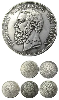Набор (1891-1901) 5шт серебряных монет-копий НЕМЕЦКОЙ ЗЕМЛИ БАДЕН-5 марок