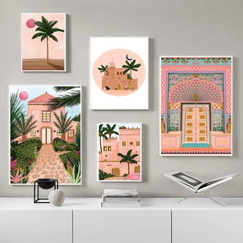 Настенный художественный плакат из Марокко с изображением Розовой пальмы Лотоса, здания с лунной печатью, картины для гостиной и спальни в скандинавском стиле Можно настроить по индивидуальному заказу