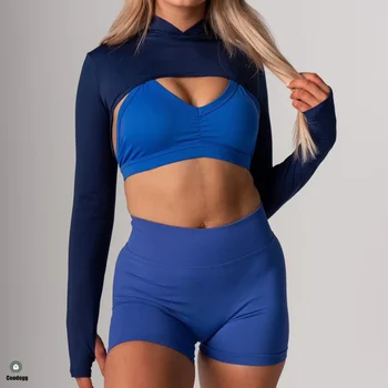 Нейлоновая шаль с капюшоном для спортзала, женские рубашки для йоги с длинным рукавом, укороченный топ для фитнеса, обтягивающее спортивное пальто, Быстросохнущая одежда для тренировок