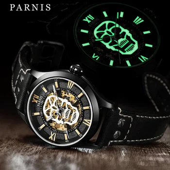 Новая мода Parnis 43 мм Череп светящийся скелет Dail Автоматические Механические мужские часы Кожаный ремешок Сапфировое стекло Мужские часы