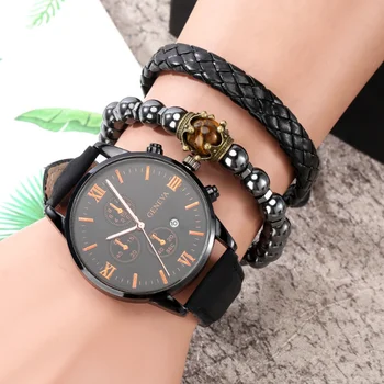Новые мужские часы Роскошный комплект браслетов Модные деловые кварцевые наручные часы из искусственной кожи для мужчин Подарочный набор Relogio Masculino