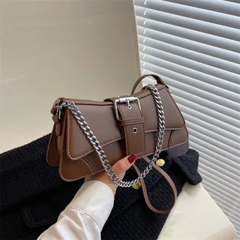 Однотонная женская сумка на цепочке через плечо, маленькая сумочка и кошелек из искусственной кожи, винтажная женская сумка-слинг через плечо с клапаном