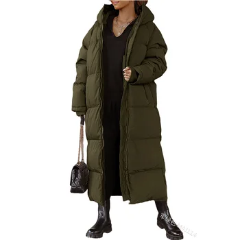 Однотонное длинное хлопчатобумажное пальто с капюшоном, модное повседневное женское пальто на молнии с длинным рукавом