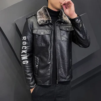 Осенне-зимняя мужская куртка, мотоциклетная ветрозащитная теплая куртка из искусственной кожи с откидным воротником, брендовое мужское приталенное плюшевое повседневное пальто