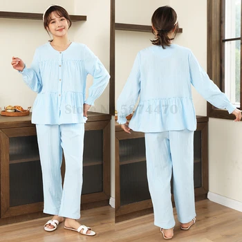Осенняя новая хлопковая домашняя одежда, женская пижама в стиле французского двора, брюки с длинным рукавом, Пижамный комплект, Модная синяя свежая пижама