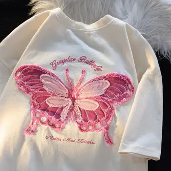 Пары с вышивкой бабочкой из чистого хлопка milk system, футболки с короткими рукавами, женские летние вставки, универсальный студенческий ветер на одежде