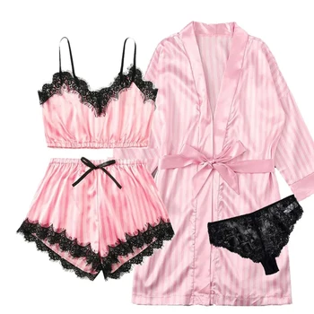 Пижамы в розовую полоску, женские пижамные костюмы с халатом, сексуальная женская домашняя одежда из искусственного шелка, сексуальные милые пижамы, весна и лето