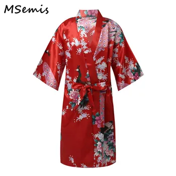 Пижамы с цветочным принтом павлина для детей и девочек, кимоно из искусственного атласа, халат, ночная рубашка для спа-вечеринки, свадьбы, Дня рождения