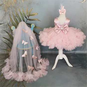 Платья для девочек в цветочек, пышное платье для девочек, Розовое детское платье со шлейфом и бантом, платья для дня рождения милого ребенка, Первое причастие