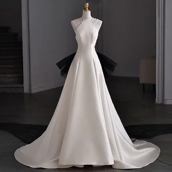 Платья для невесты Белое вечернее платье из атласа Элегантное вечернее платье с жемчугом для вечернего ужина H677