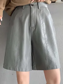 Повседневные кожаные брюки с высокой талией, Свободные Широкие брюки средней длины, Осень 2023, Новая Корейская модная женская одежда