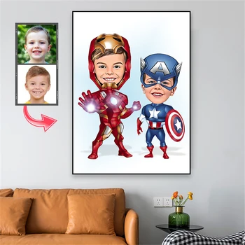 Подарок для детей Персонализированный плакат с Железным Человеком Портрет Капитана Печать на заказ Мультяшный Портрет Холст Картина Супергерои Настенный Художественный Декор