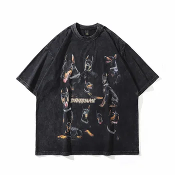 Потертые футболки в стиле хип-хоп, винтажная футболка с принтом собаки Добермана, панк-рок, готическая футболка, уличная одежда 2023, повседневная футболка Harajuku