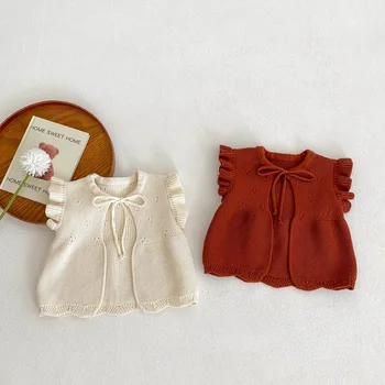 Прекрасный трикотажный жилет для маленьких девочек от 0 до 3 лет, новорожденная принцесса, рукав с оборками, Однотонный вязаный кардиган, жилет, осенняя одежда