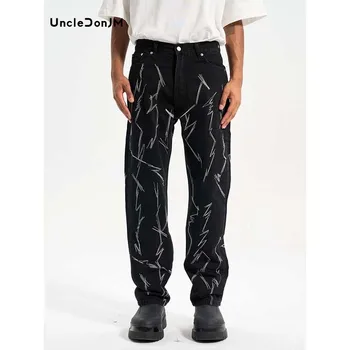 Прямые джинсы с вышивкой на молнии UncleDonJM Y2k Clothes Мужские черные джинсы