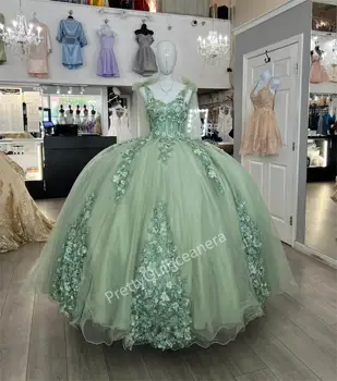 Пышные платья в зеленую полоску с шалфеем, бальное платье с 3D цветами, пышная вечеринка, платье Sweet 15 со шлейфом