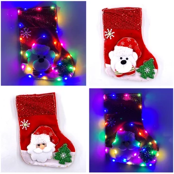 Рождественский светящийся запас Санта-Клауса со светодиодной подсветкой, Медвежий чулок, Неоновые Мультяшные праздничные украшения для дома