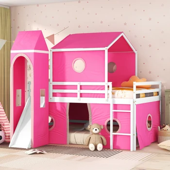 Розовая полноразмерная двухъярусная кровать с горкой, Розовая палатка и башня, легко монтируемая для мебели для спальни в помещении