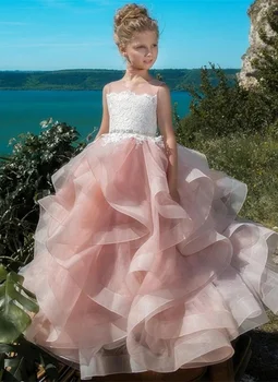 Розовое бальное платье принцессы для девочек, костюмы для первого причастия, платья для выпускного вечера, Цветочные оборки без рукавов, Многоуровневые аппликации