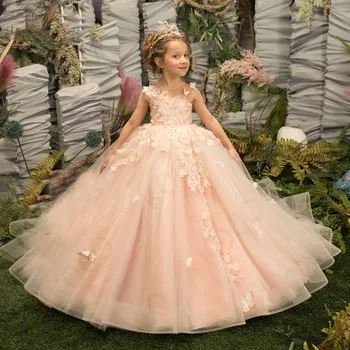 Розовое детское платье с цветочным узором для девочек, тюлевая бабочка для вечеринки, свадебное представление, аппликации на День рождения, вечерние бальные платья для первого причастия