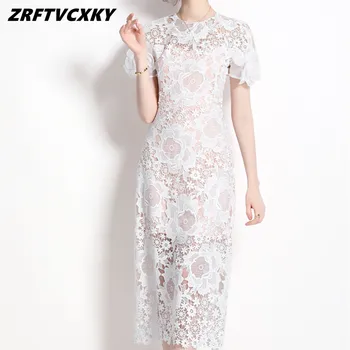 Роскошное Белое платье с цветочным кружевом, женское Элегантное платье с вышивкой, тонкий халат, Летнее Осеннее Женское вечернее платье, женская одежда