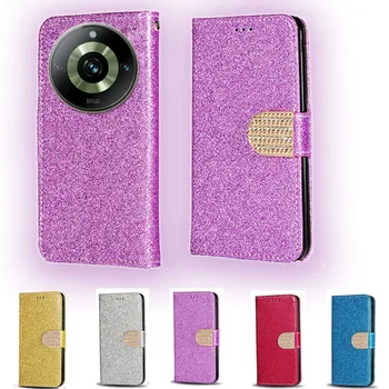 Роскошный кожаный бумажник с откидной крышкой и бриллиантами Чехол для телефона Realme 11 Pro Plus с функцией подставки, слот для карт памяти