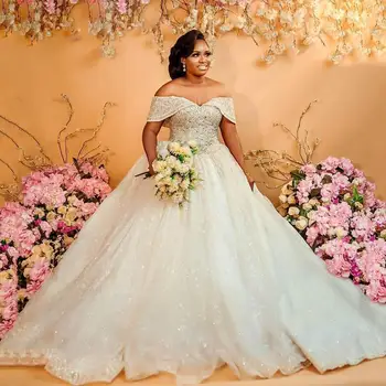 Свадебные платья больших размеров, свадебные платья с открытыми плечами, кружевная аппликация, расшитый бисером, блестками Тюль, шлейф Невесты