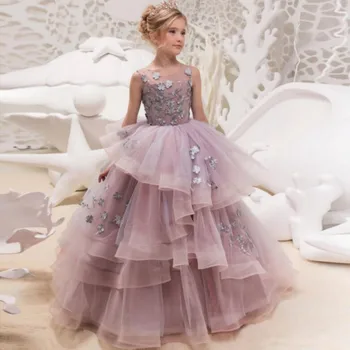 Свадебные платья для девочек в цветочек, принцесса-бабочка, кружевное платье с аппликацией на шнуровке, винтажное платье для первого причастия для девочек