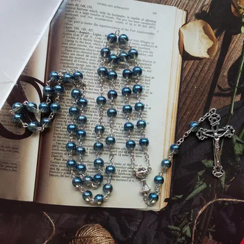 Синие хрустальные четки, винтажное ожерелье с крестом для мужчин и женщин, католические украшения